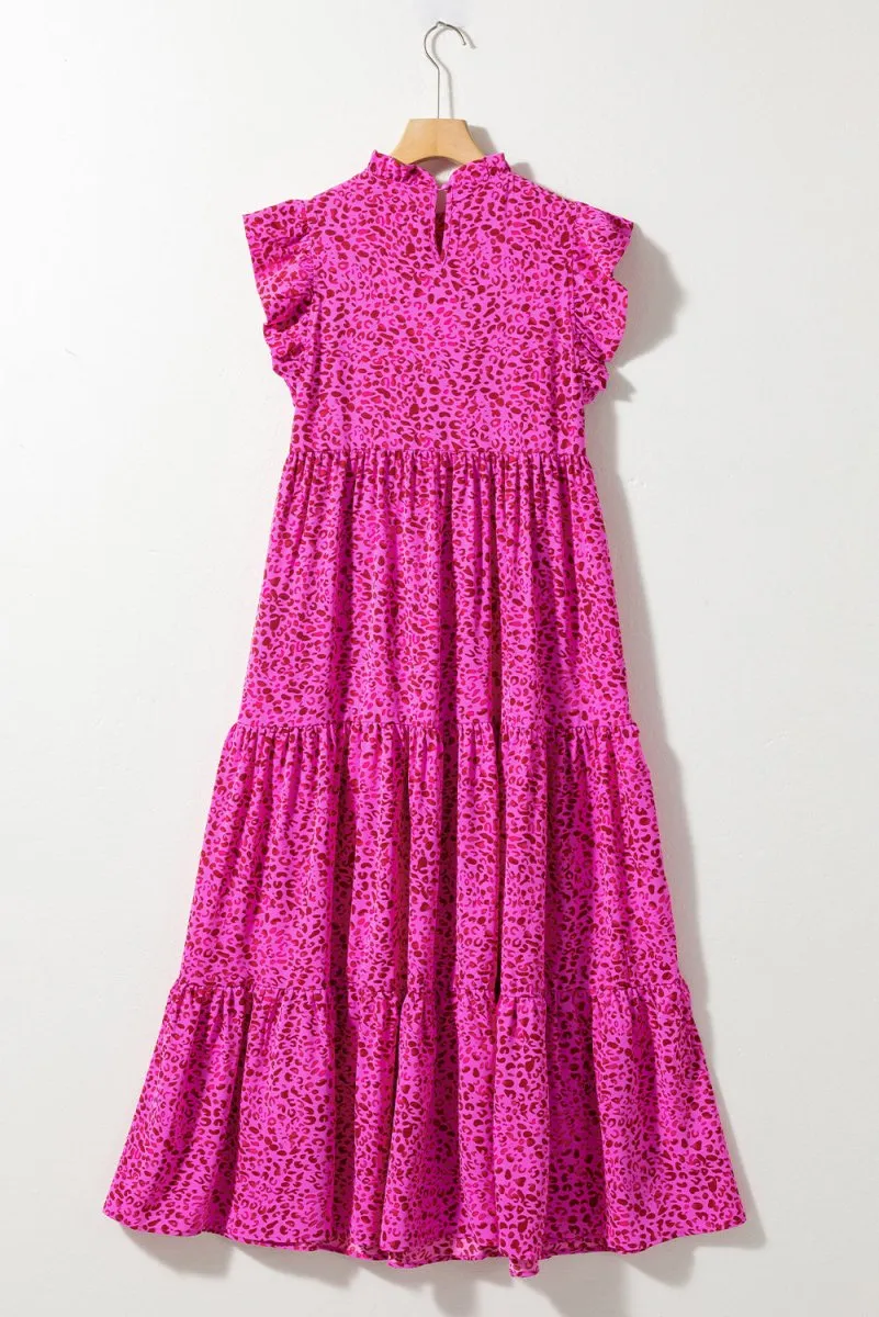 Long Ruffled Rose Pink Leopard Dress