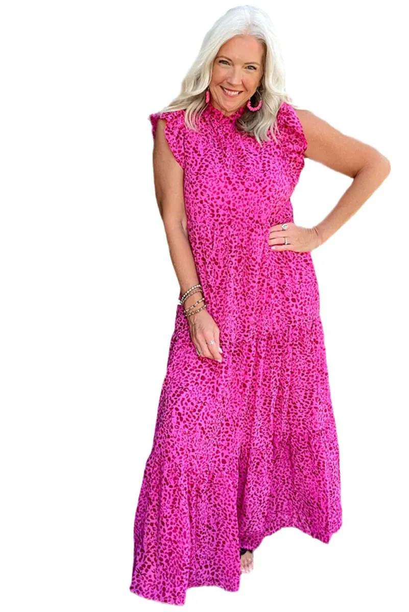 Long Ruffled Rose Pink Leopard Dress