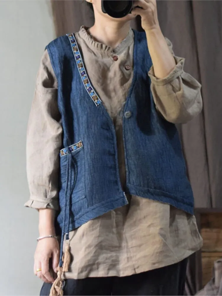 Loose Linen Retro Patchwork Vest