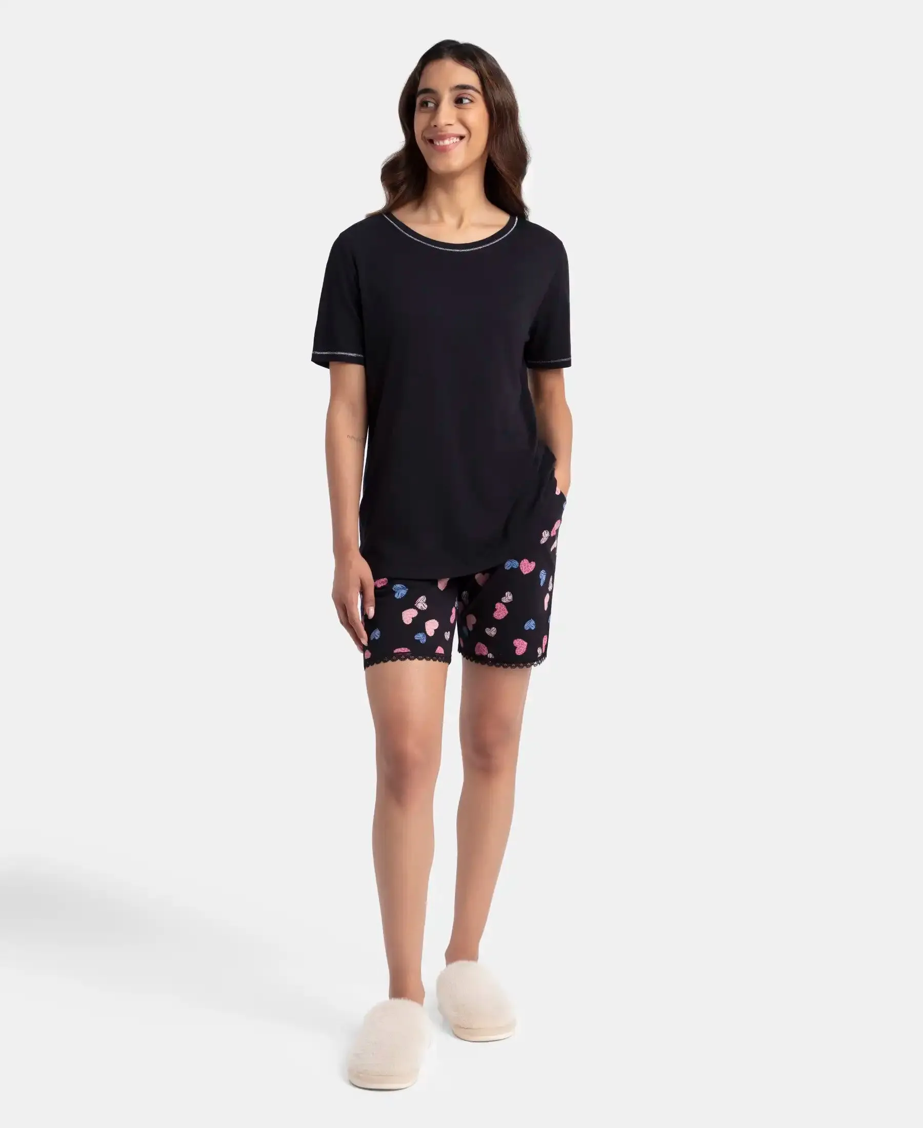 Micro Modal Cotton Short Sleeve T-Shirt and Printed Shorts Set - Black