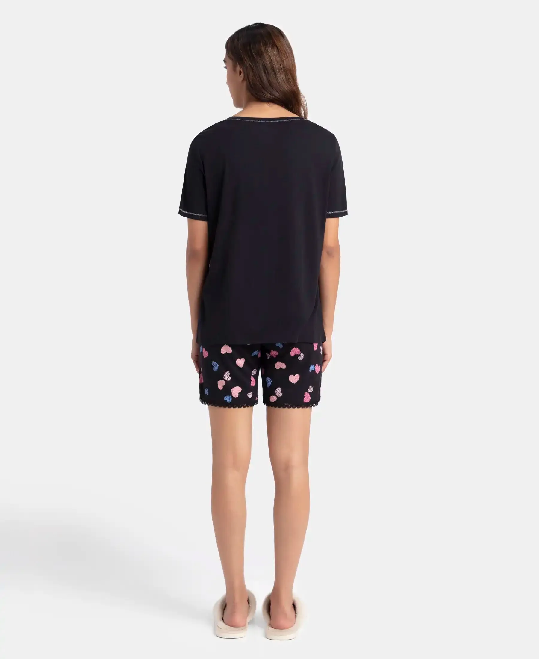 Micro Modal Cotton Short Sleeve T-Shirt and Printed Shorts Set - Black