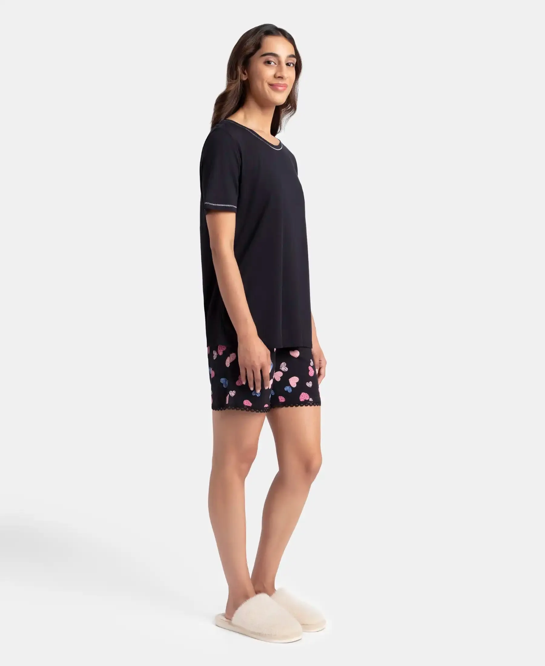 Micro Modal Cotton Short Sleeve T-Shirt and Printed Shorts Set - Black