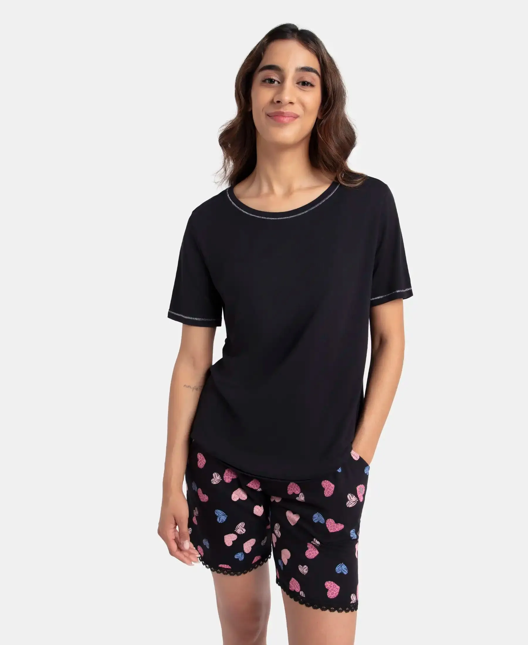 Micro Modal Cotton Short Sleeve T-Shirt and Printed Shorts Set - Black