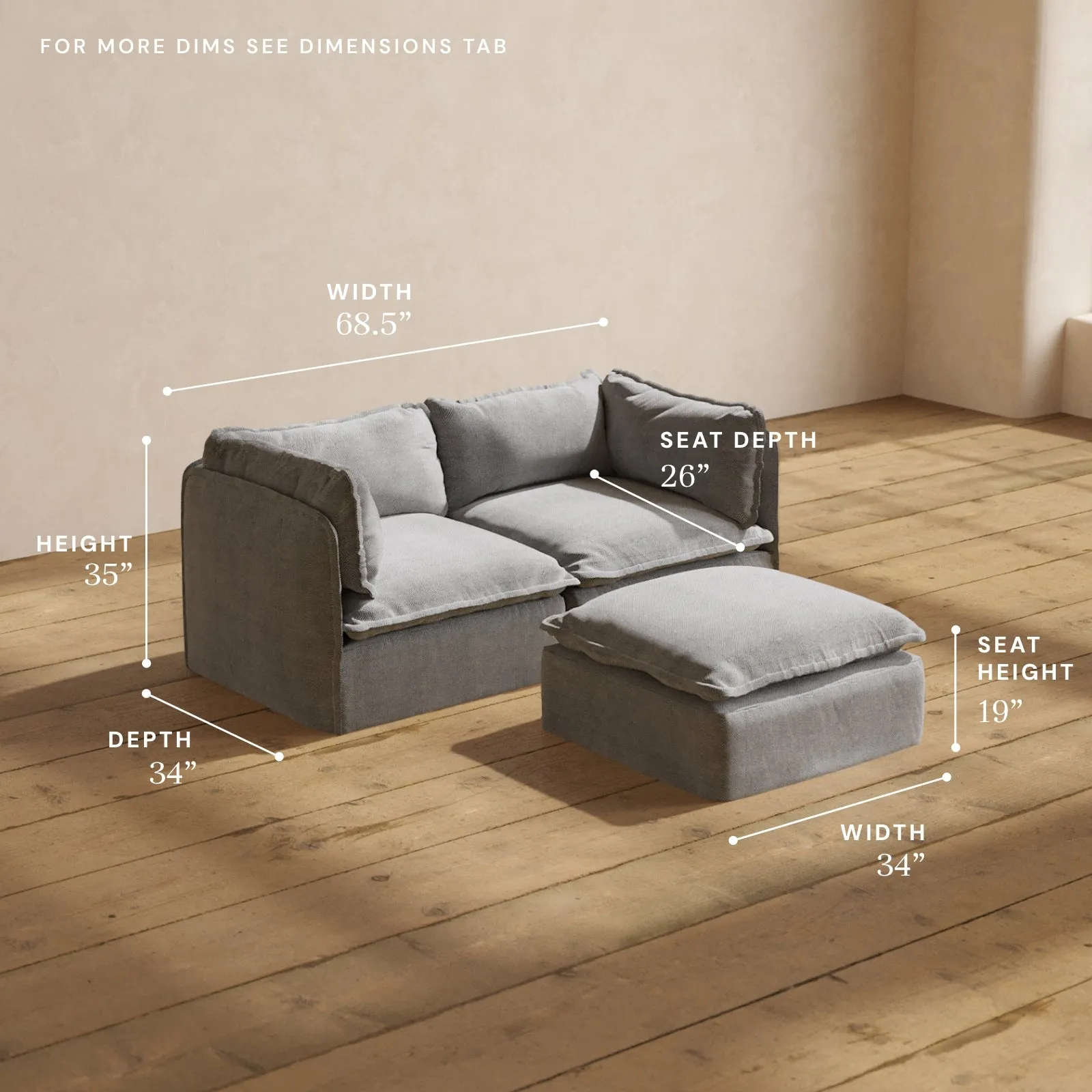 Modular Performance 2-Seater   Ottoman in Ash | Relaxed Blend