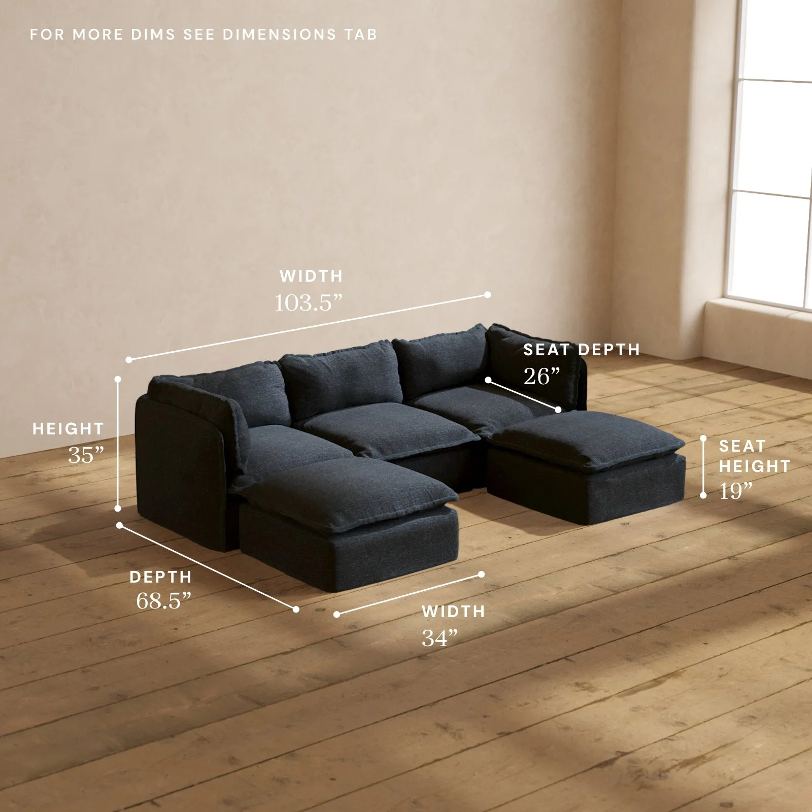 Modular Performance 3-Seater U-Sectional in Indigo | Relaxed Blend