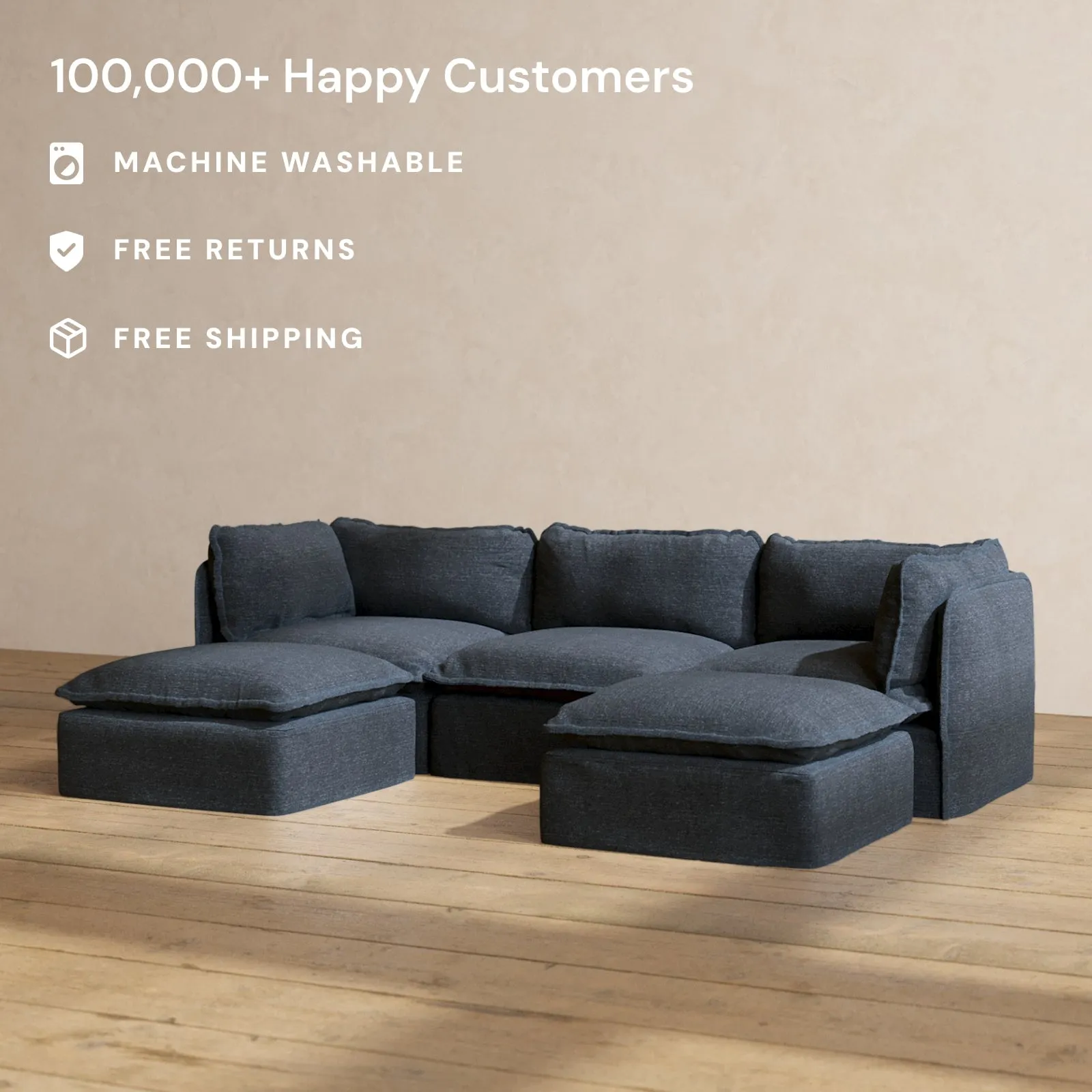 Modular Performance 3-Seater U-Sectional in Indigo | Relaxed Blend