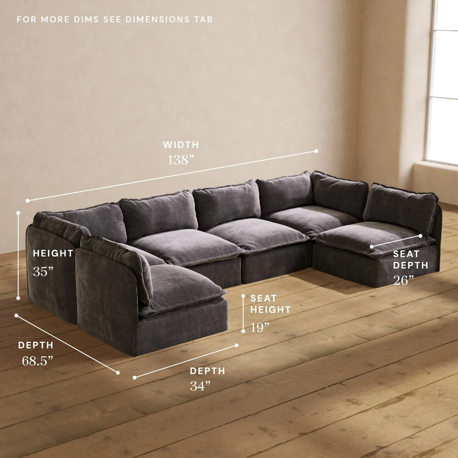 Modular Performance 6-Seater Open-Ends U-Sectional in Cinder | Relaxed Blend