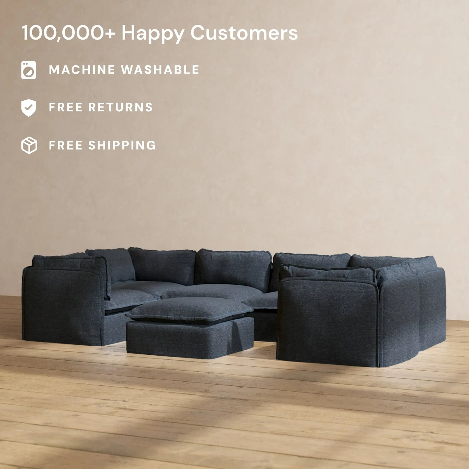 Modular Performance 6-Seater U-Sectional   Ottoman in Indigo | Relaxed Blend