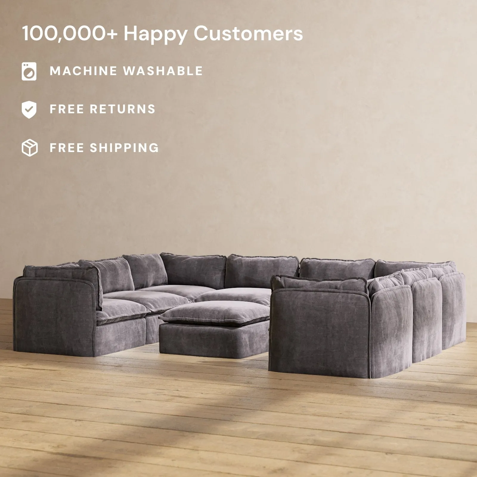 Modular Performance 8-Seater U-Sectional   Ottoman in Cinder | Relaxed Blend