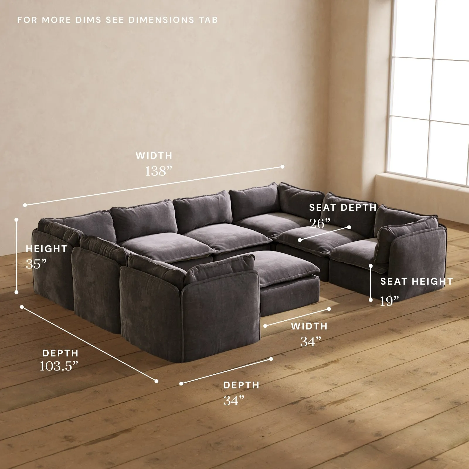 Modular Performance 8-Seater U-Sectional   Ottoman in Cinder | Relaxed Blend