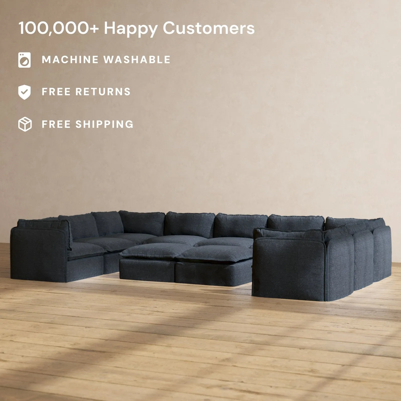 Modular Performance 9-Seater U-Sectional   Bench Ottoman in Indigo | Relaxed Blend