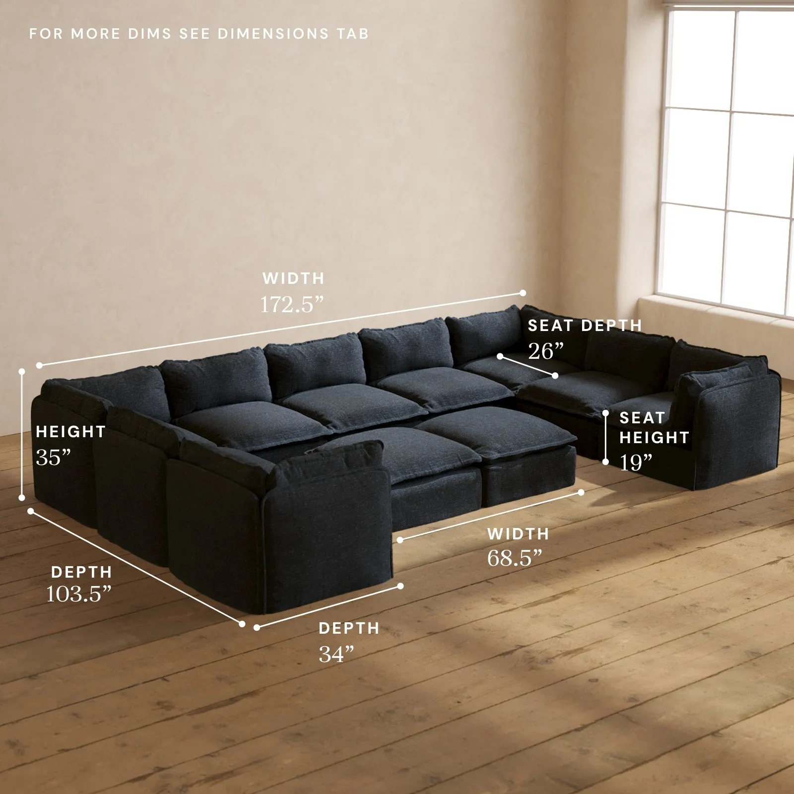 Modular Performance 9-Seater U-Sectional   Bench Ottoman in Indigo | Relaxed Blend