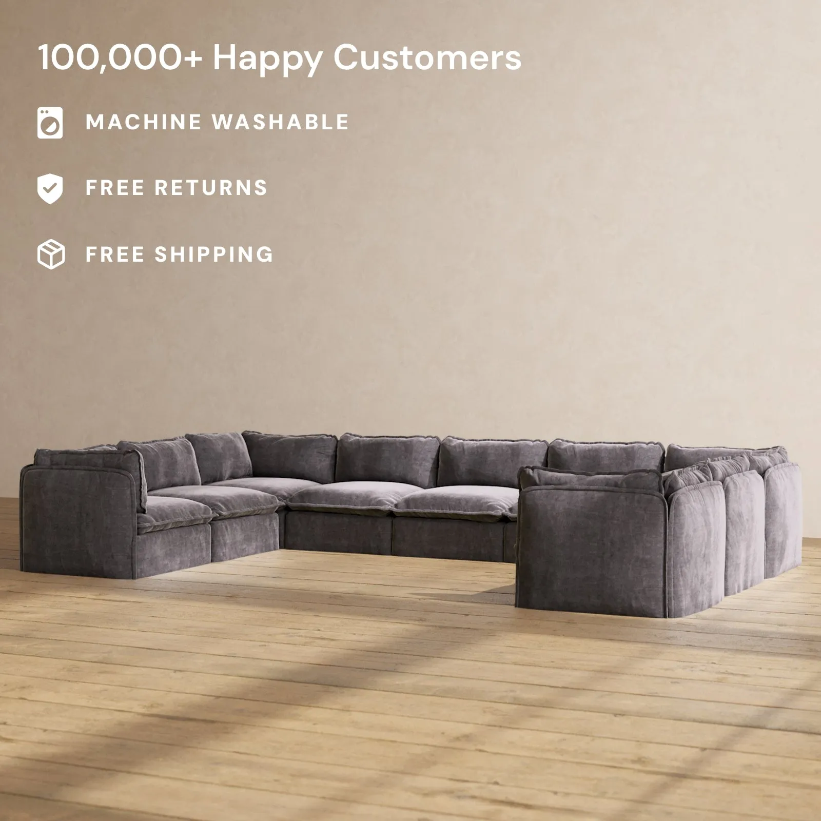 Modular Performance 9-Seater U-Sectional in Cinder | Relaxed Blend