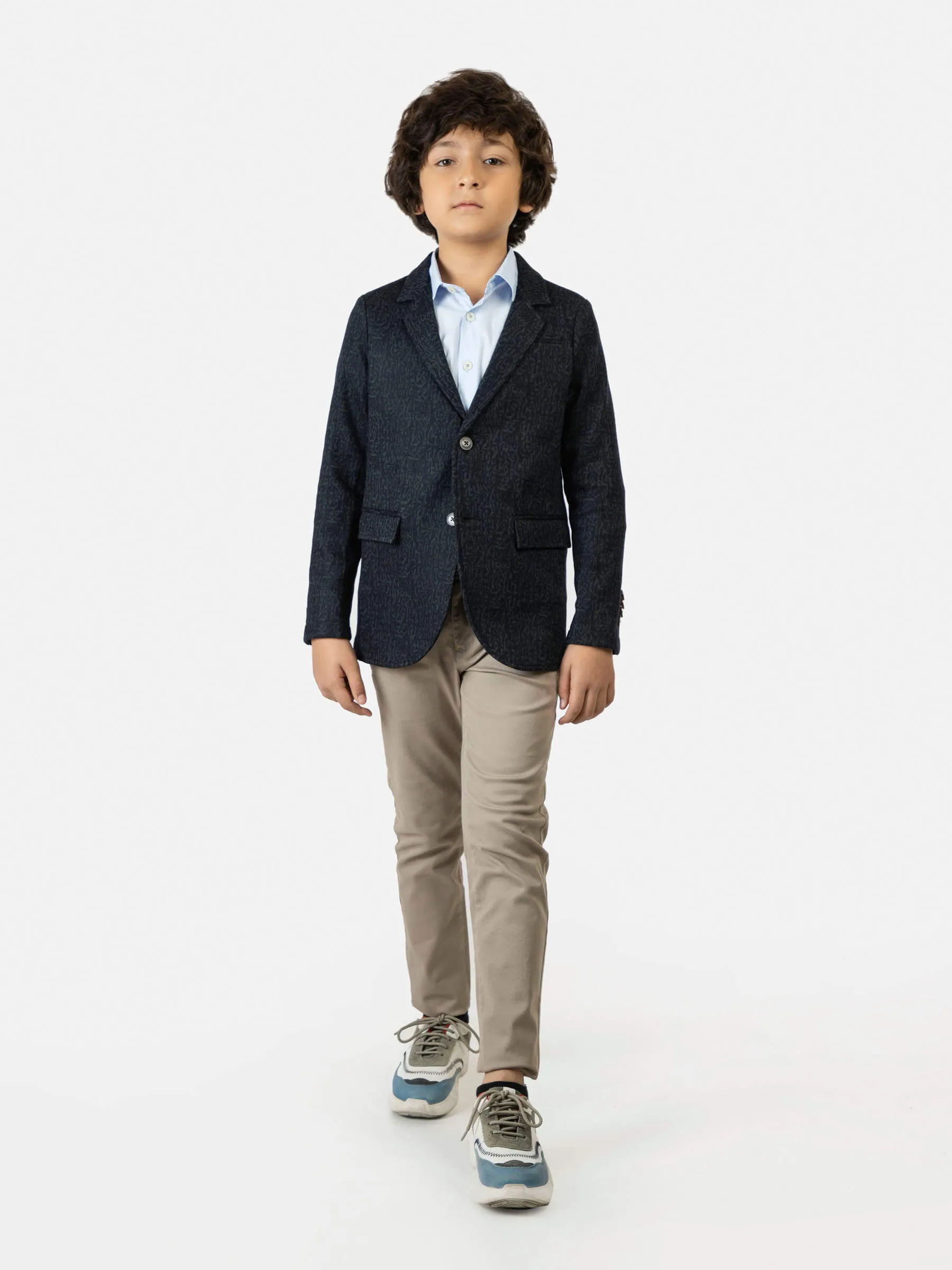 Navy Blue & Green Wool Blended Kids Blazer