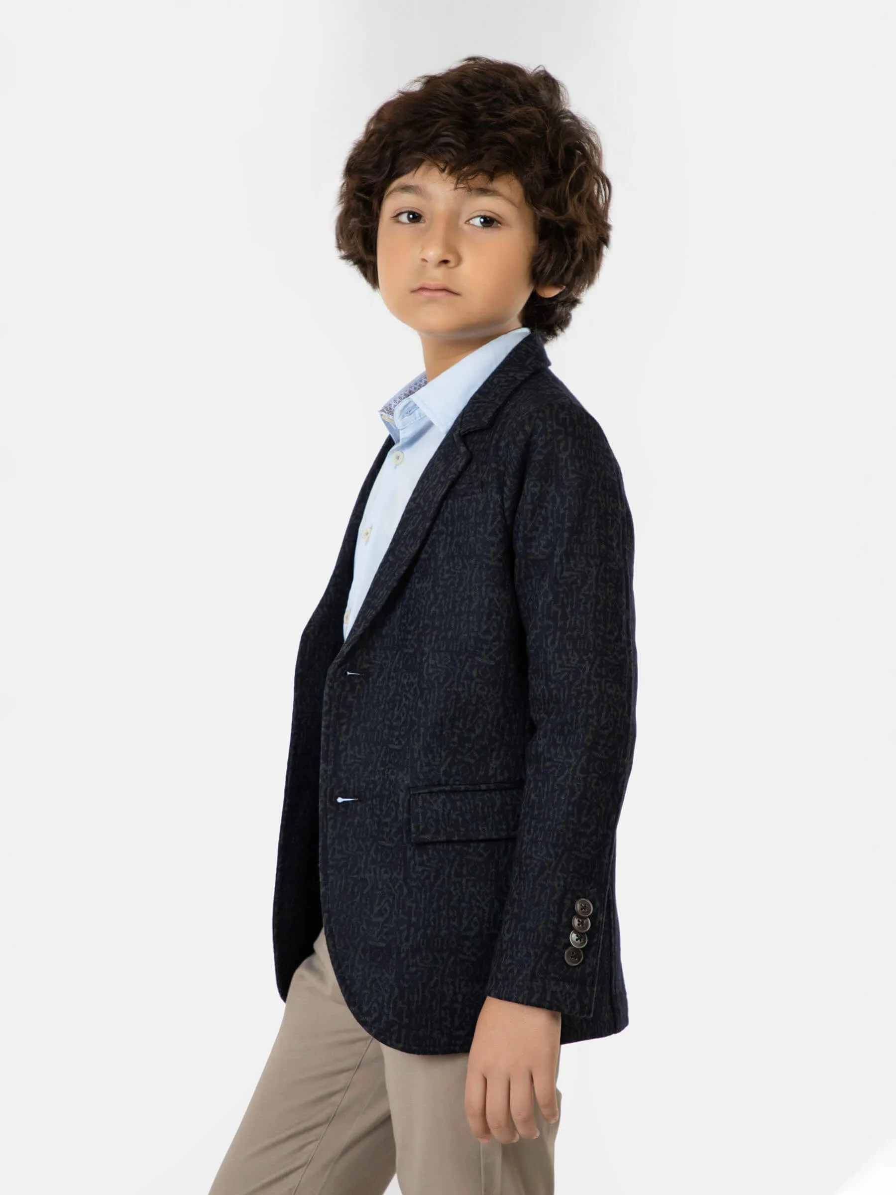 Navy Blue & Green Wool Blended Kids Blazer