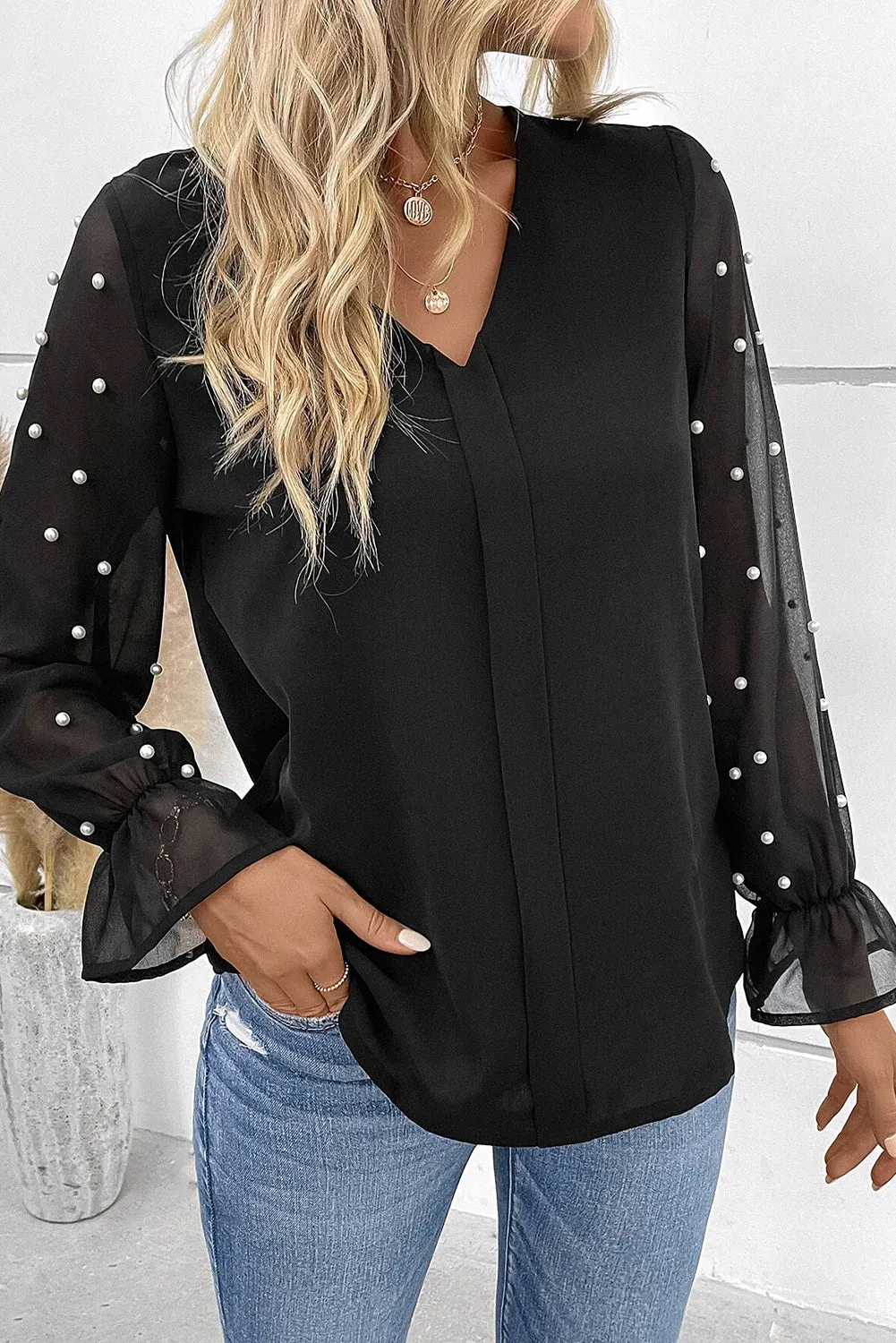 Pearl Beaded Flounce Sleeve Blouse