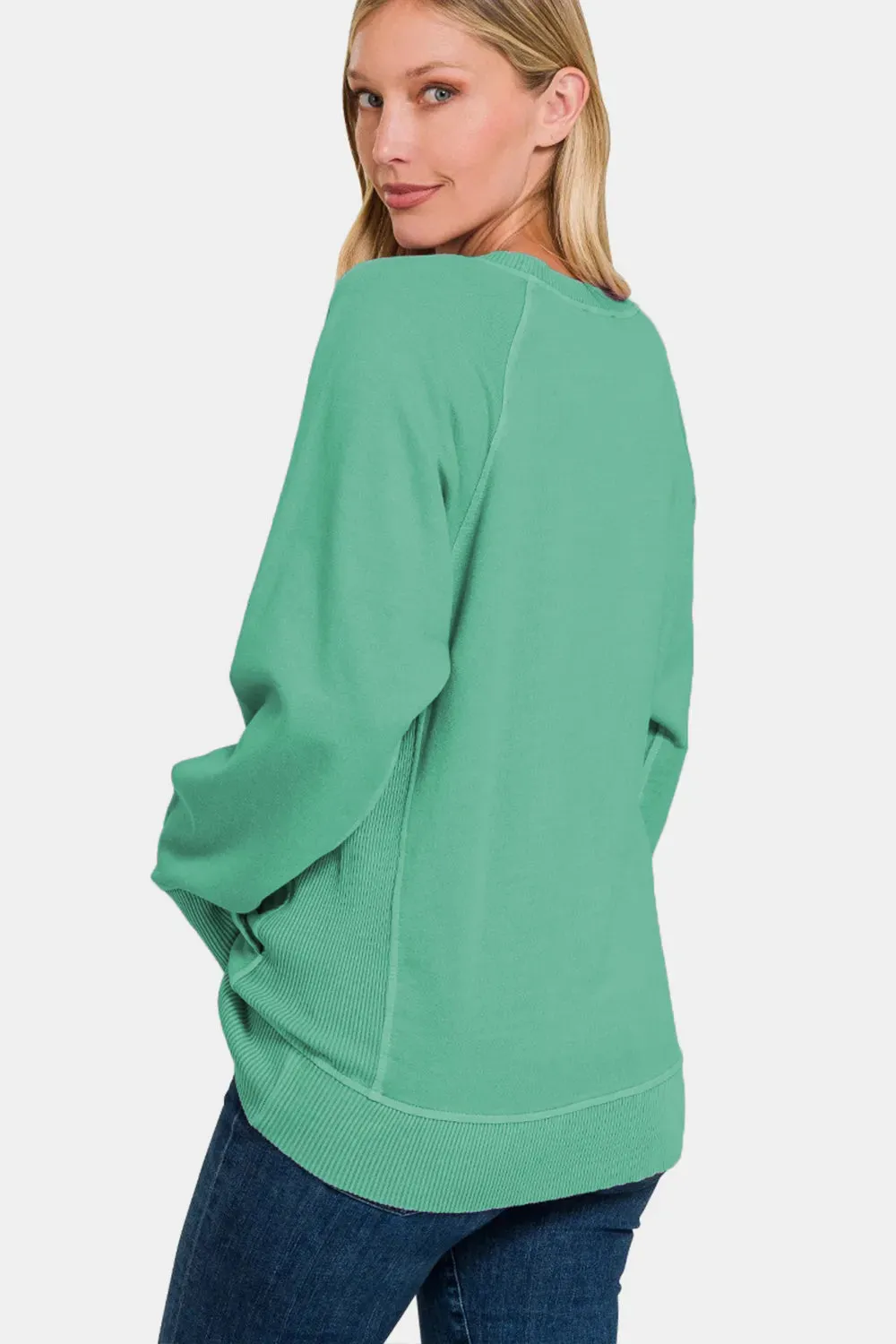 Pocketed Round Neck Long Sleeve Sweatshirt