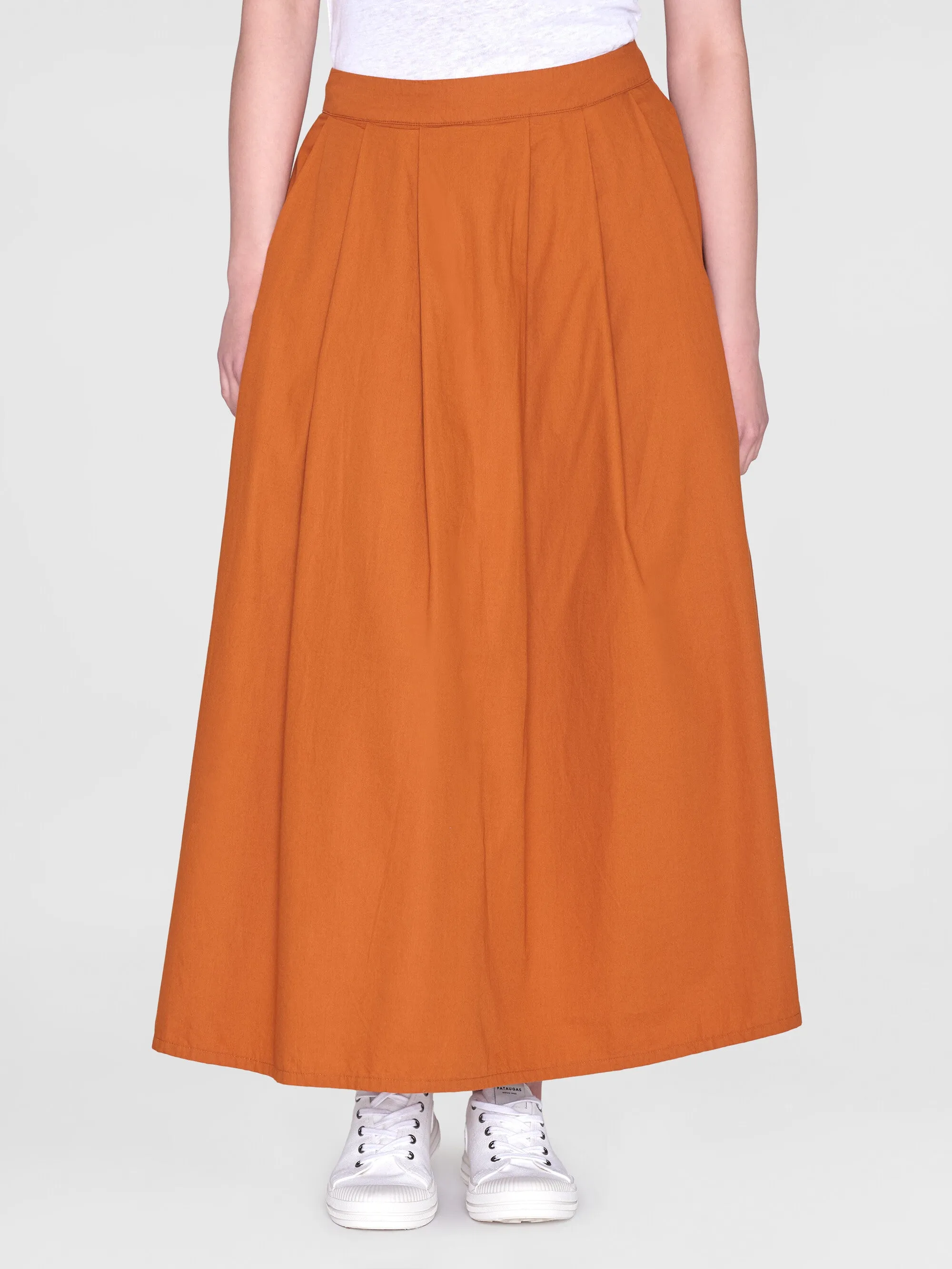 Poplin pleated mid-length skirt - Leather Brown