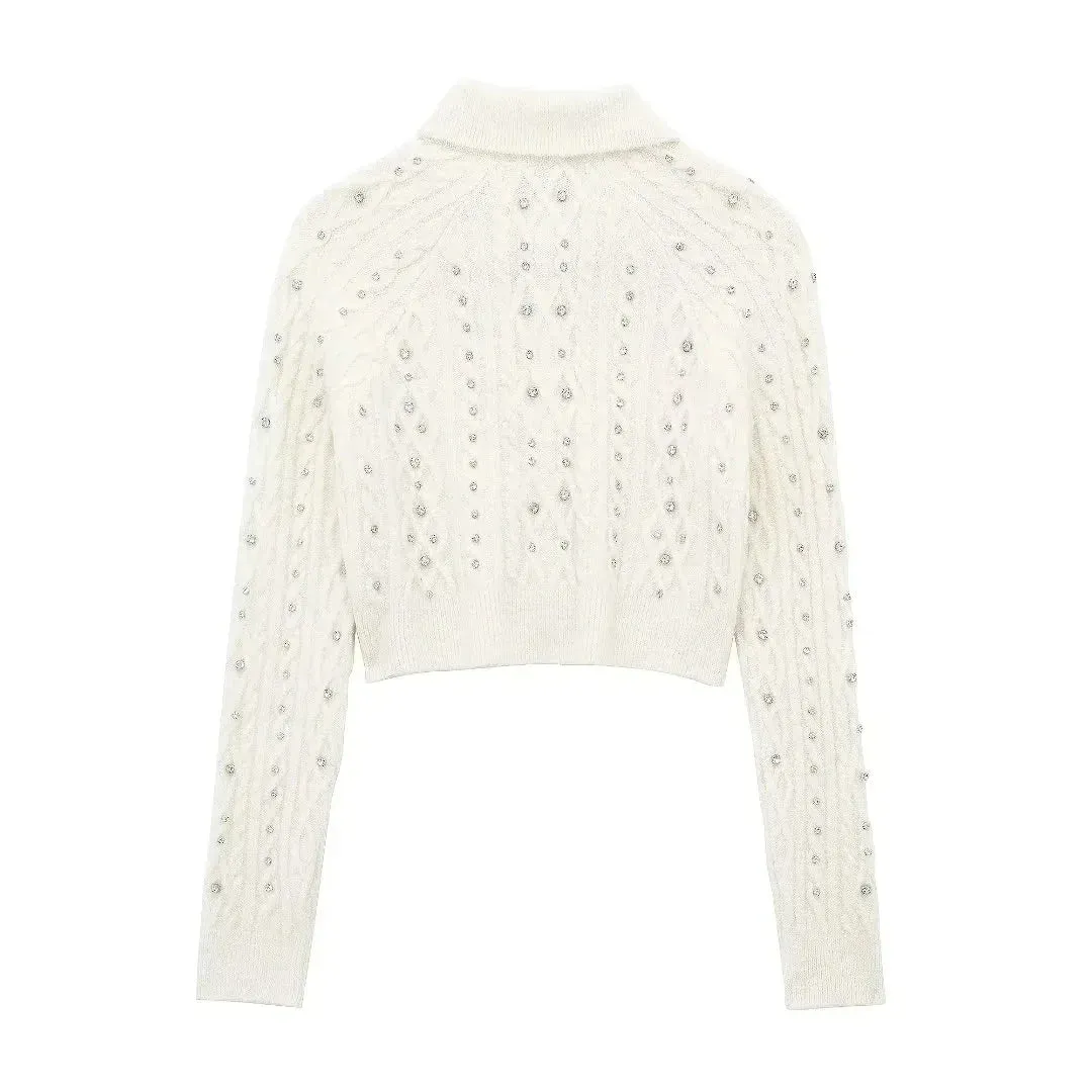 Pre Order:  Rhinestones Cableknit Cropped Cardigan