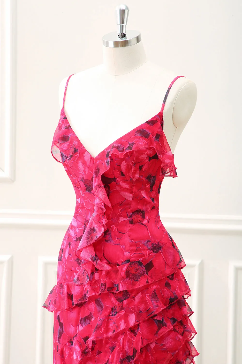 Red Flower Ruffled Spaghetti Straps Asymmetrical Dress