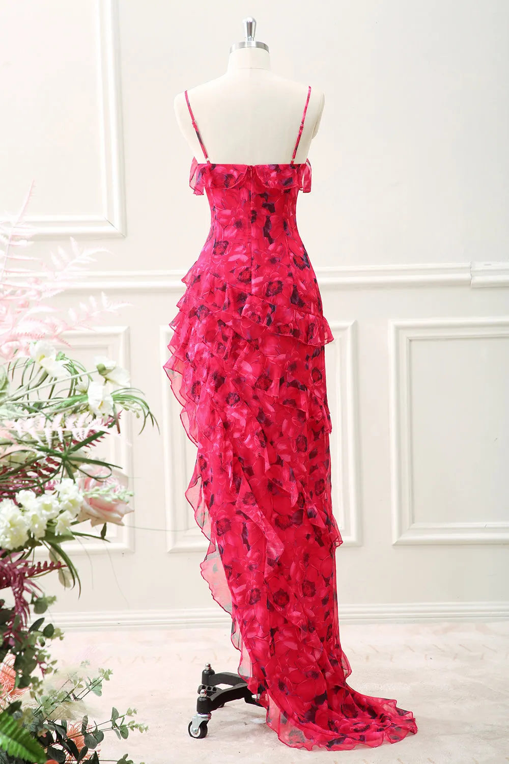 Red Flower Ruffled Spaghetti Straps Asymmetrical Dress