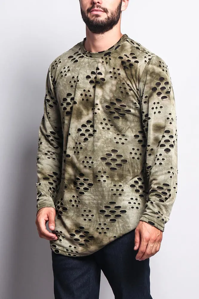 Ripped Dye Long Length Curved Hem Long Sleeve T-Shirt