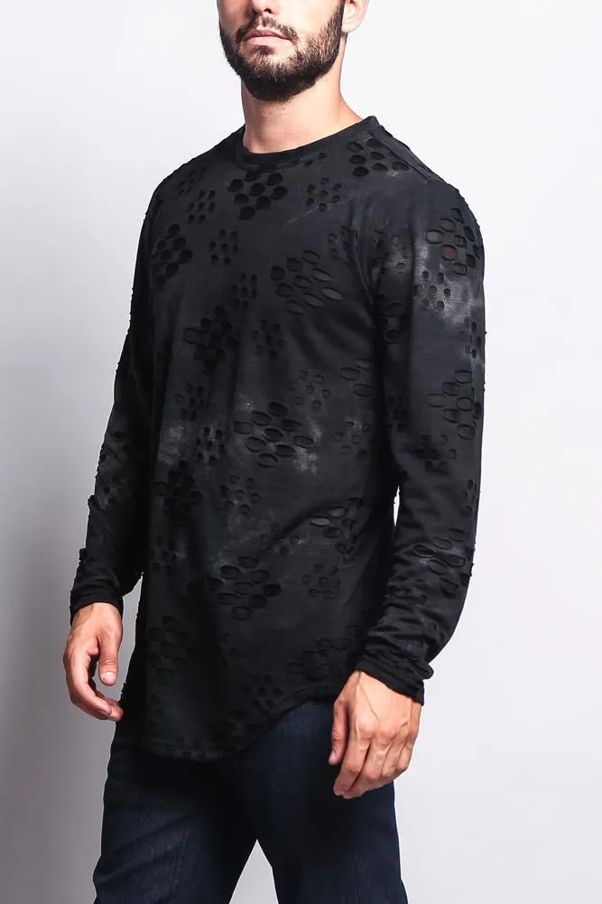 Ripped Dye Long Length Curved Hem Long Sleeve T-Shirt