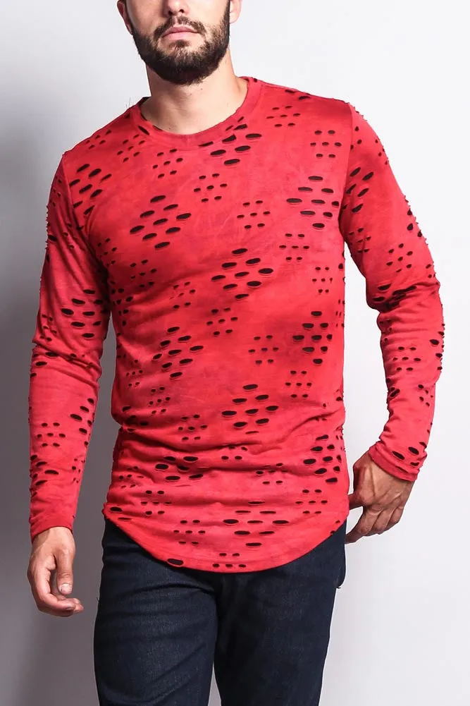 Ripped Dye Long Length Curved Hem Long Sleeve T-Shirt