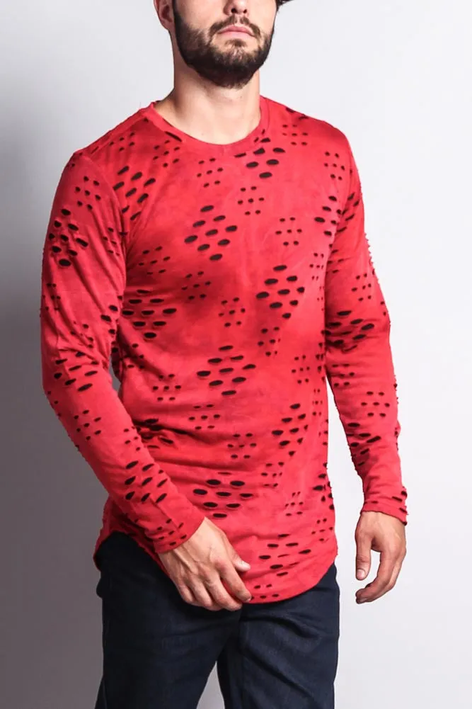 Ripped Dye Long Length Curved Hem Long Sleeve T-Shirt