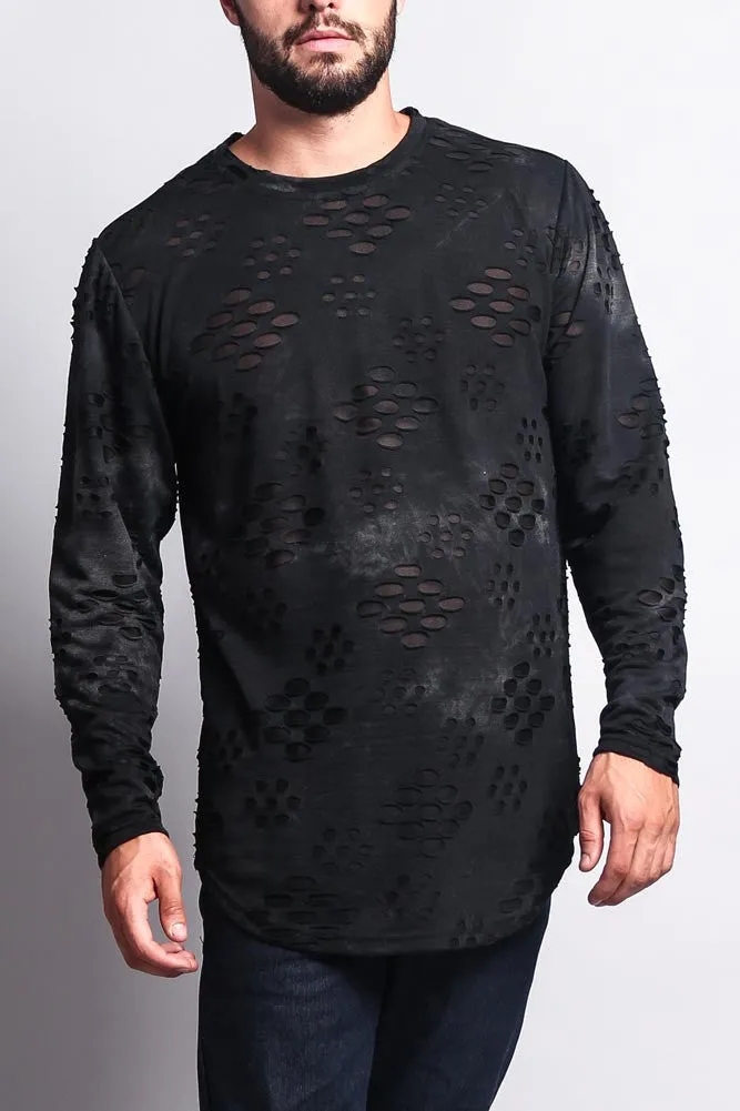 Ripped Dye Long Length Curved Hem Long Sleeve T-Shirt