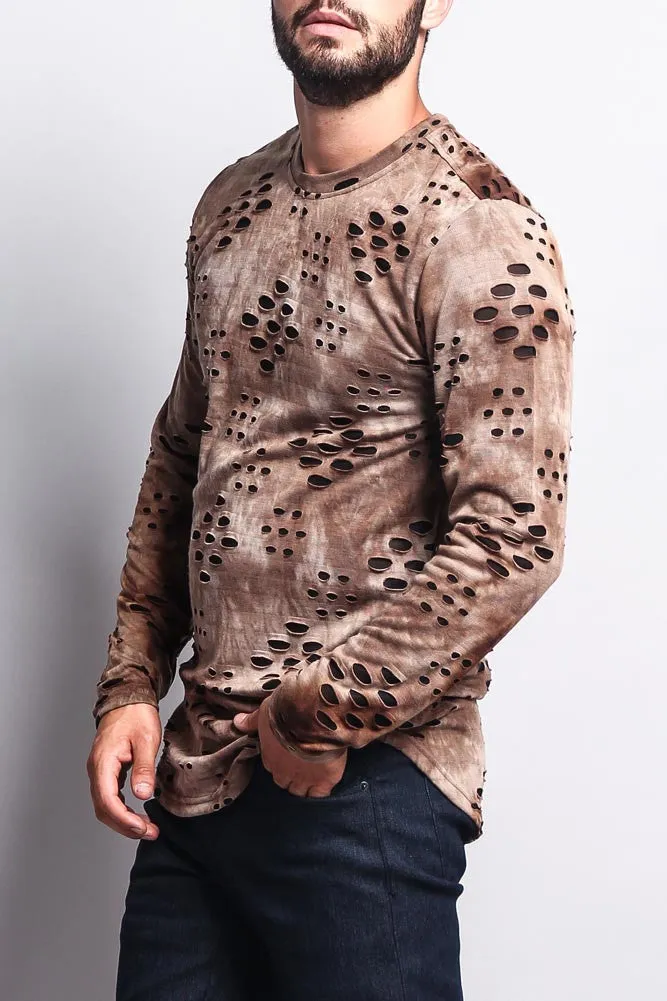 Ripped Dye Long Length Curved Hem Long Sleeve T-Shirt