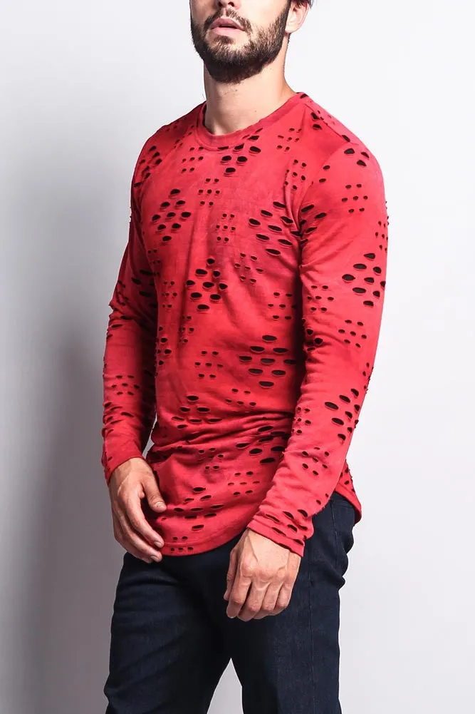 Ripped Dye Long Length Curved Hem Long Sleeve T-Shirt