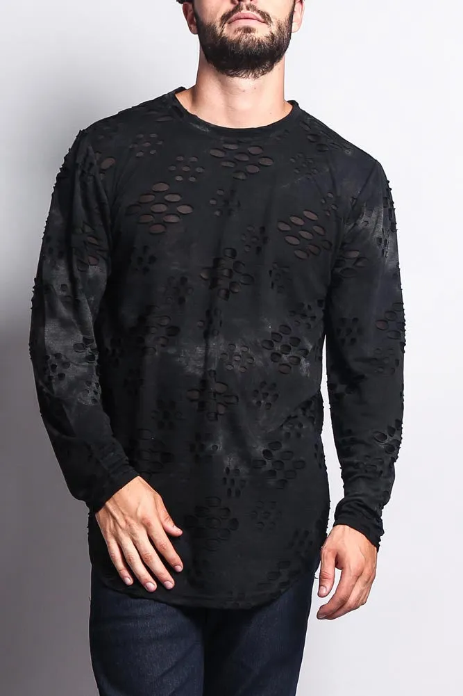 Ripped Dye Long Length Curved Hem Long Sleeve T-Shirt