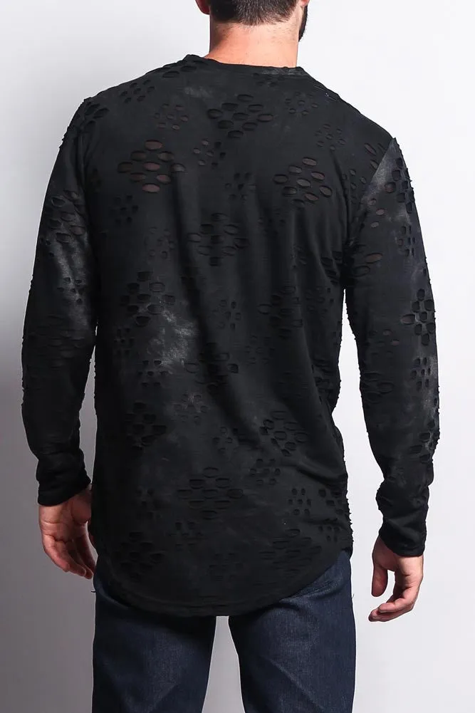 Ripped Dye Long Length Curved Hem Long Sleeve T-Shirt