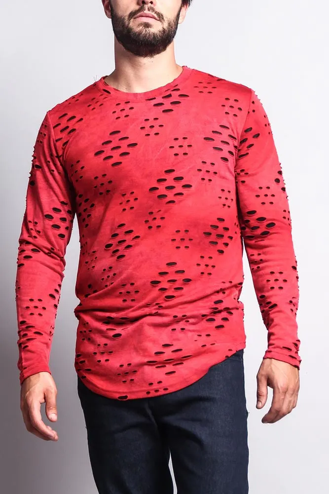 Ripped Dye Long Length Curved Hem Long Sleeve T-Shirt