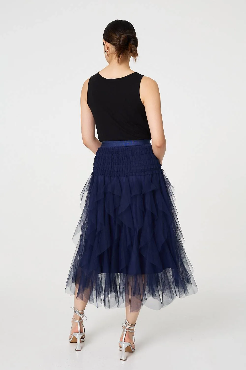 Ruffled Sheer Mesh High Waist Midi Skirt