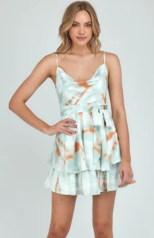 Satin Print Cowl Neck Dress With Double Frill Hem