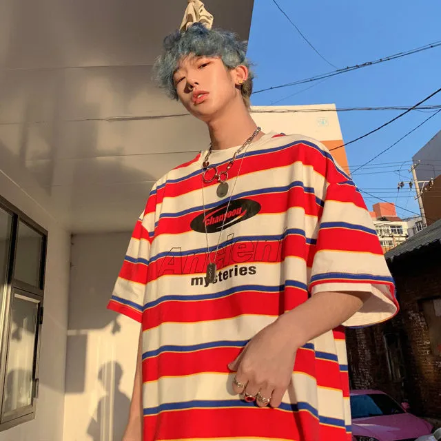 Striped Contrast Short Sleeve T-Shirt Men's Trendy Summer Street Hip Hop Loose Retro Couple Tops Personality Cotton Half Sleeve