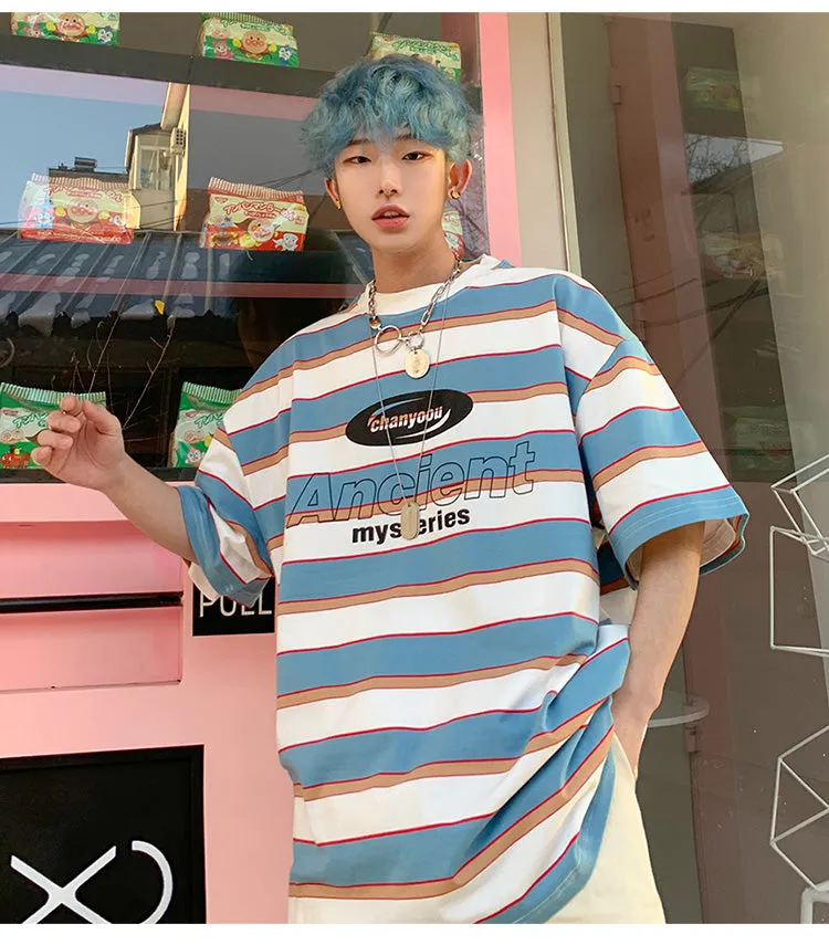 Striped Contrast Short Sleeve T-Shirt Men's Trendy Summer Street Hip Hop Loose Retro Couple Tops Personality Cotton Half Sleeve