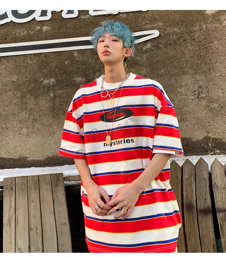 Striped Contrast Short Sleeve T-Shirt Men's Trendy Summer Street Hip Hop Loose Retro Couple Tops Personality Cotton Half Sleeve