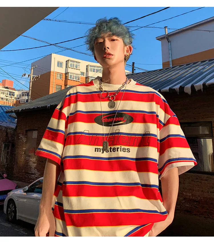 Striped Contrast Short Sleeve T-Shirt Men's Trendy Summer Street Hip Hop Loose Retro Couple Tops Personality Cotton Half Sleeve