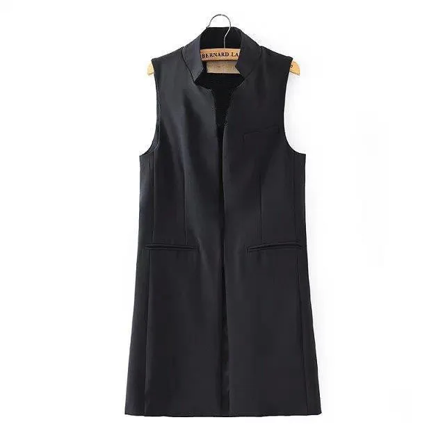 Stylish women coat stand collar long suit vest black white dark blue with two pockets