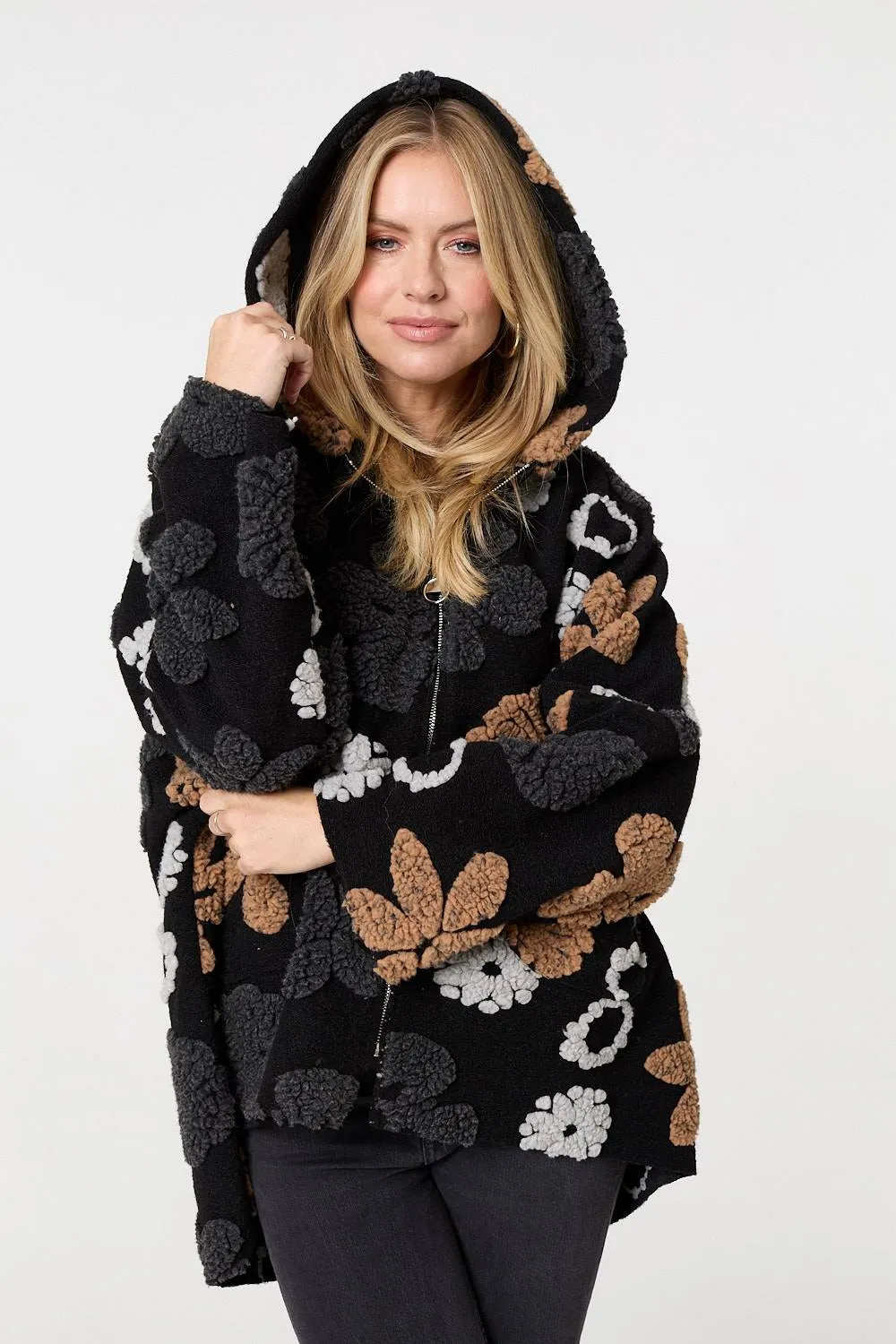 Textured Floral Longline Hoodie Coat