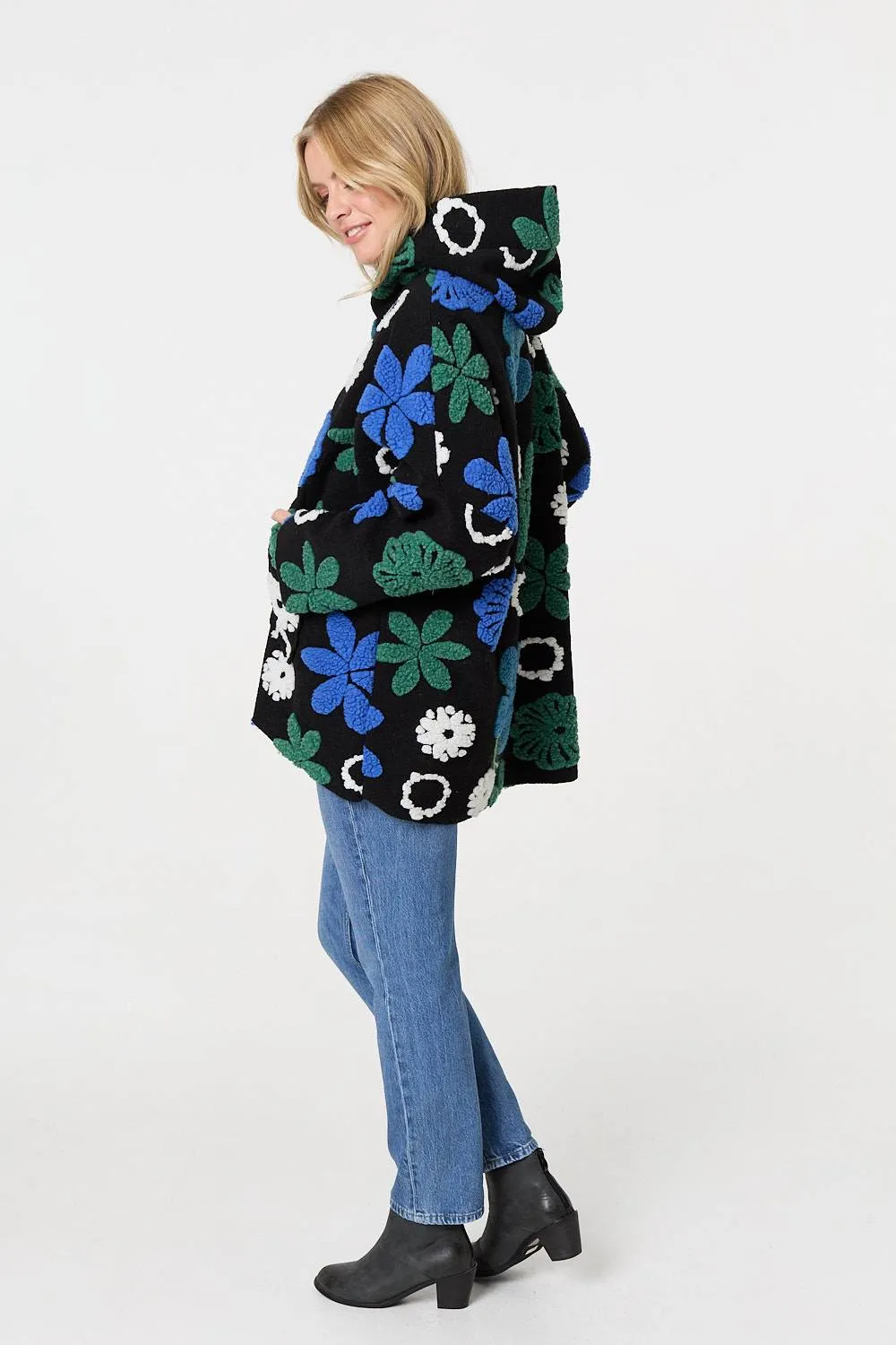 Textured Floral Longline Hoodie Coat