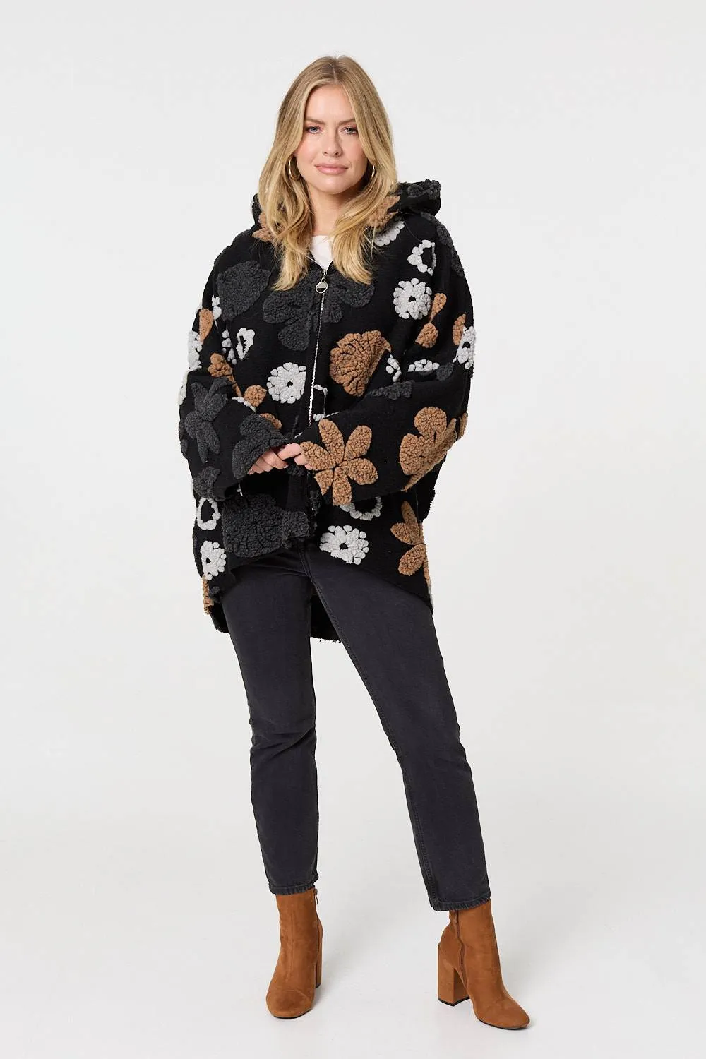 Textured Floral Longline Hoodie Coat