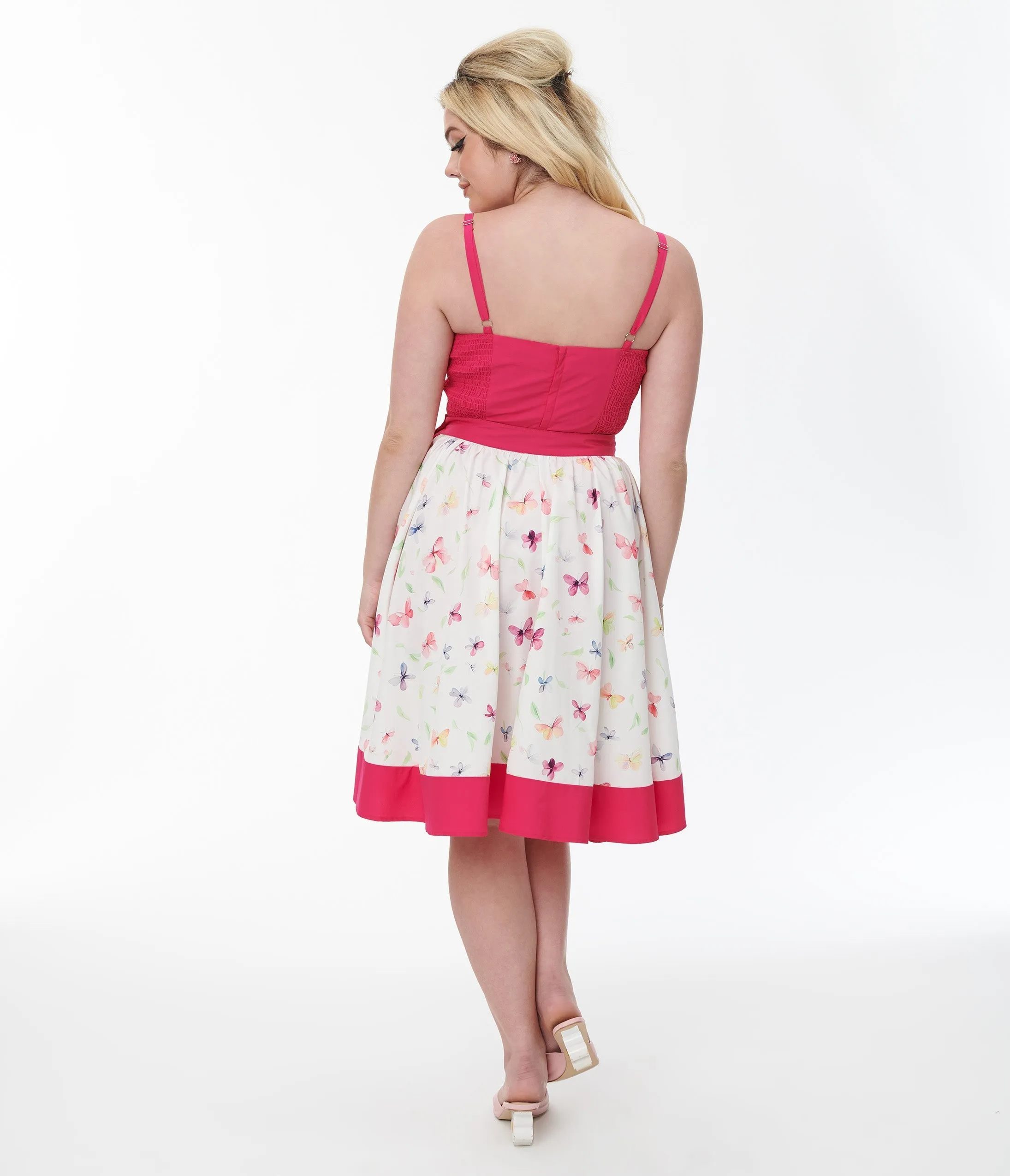 Unique Vintage 1950s Hot Pink & White Butterfly Print Rye Swing Skirt