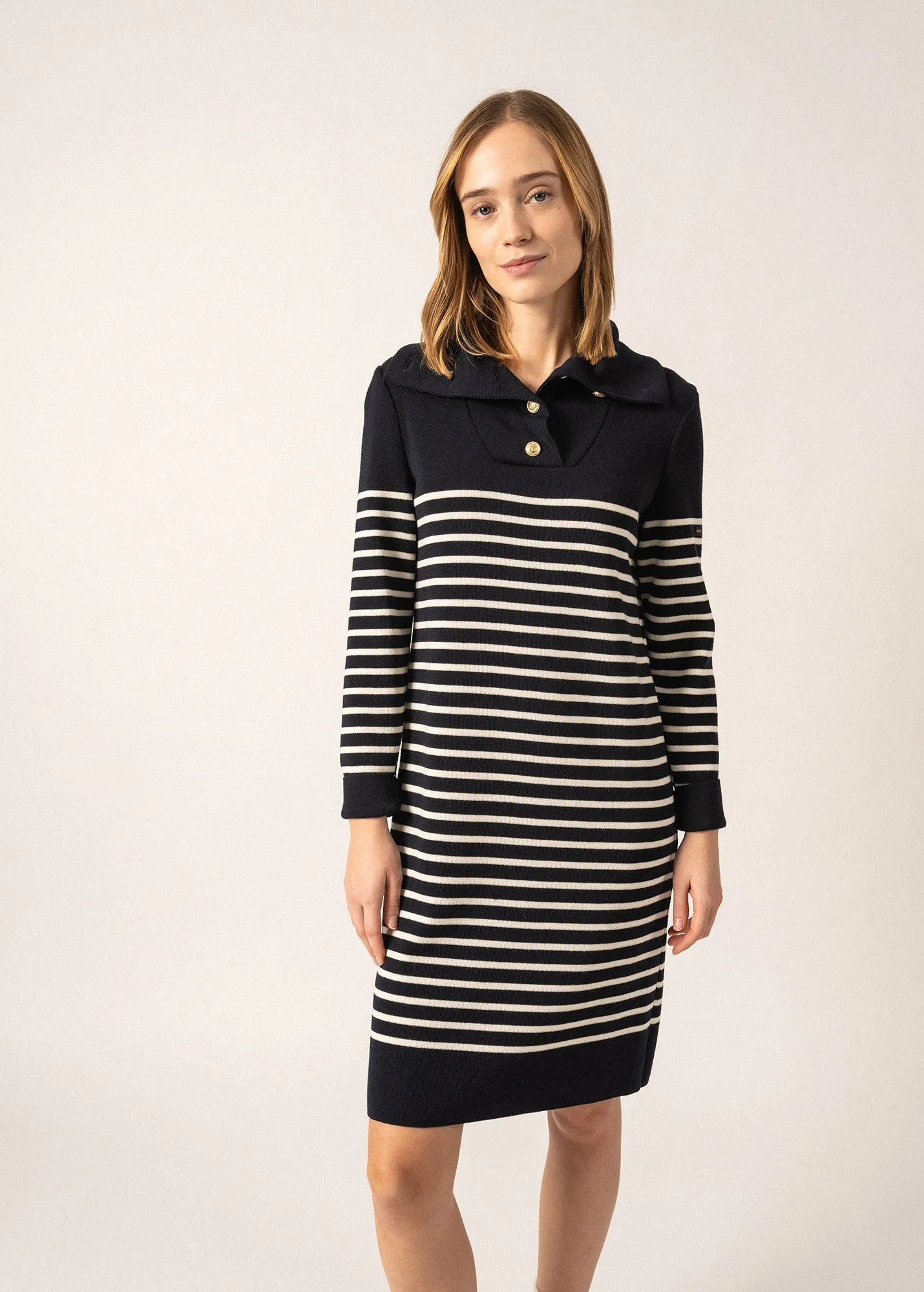 Vague Striped Wool Dress - with buttoned collar (NAVY/ECUME)