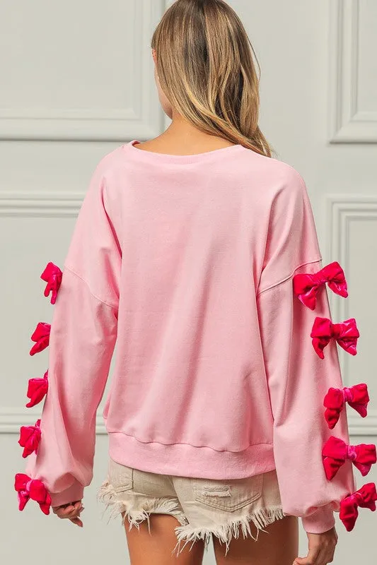 Velvet Ribbon Bows Long Sleeve Round Neck Sweatshirt