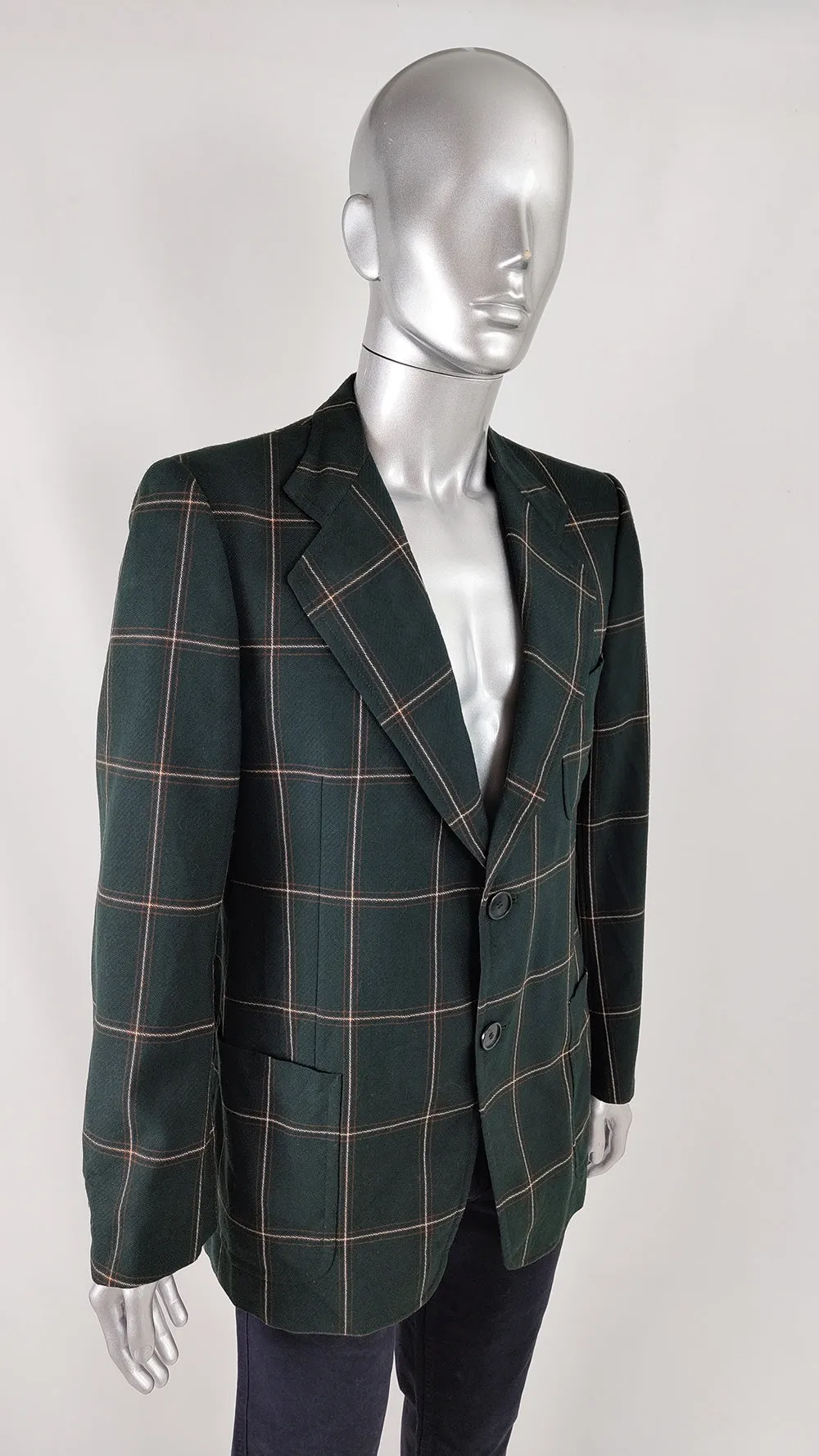 Vintage Mens Dark Green Windowpane Check Blazer, 1970s