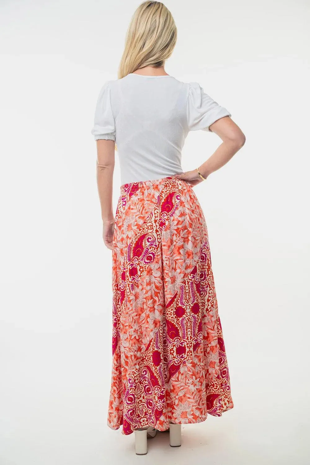 White Birch Full Size High Waisted Floral Woven Skirt Orange